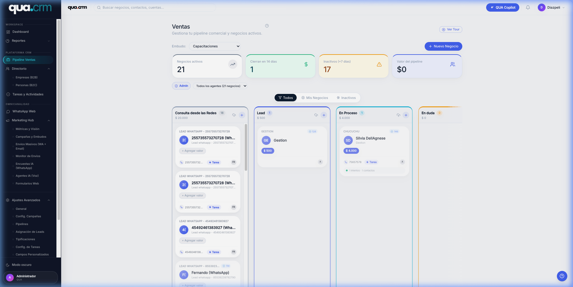 Pipeline Kanban qua.crm